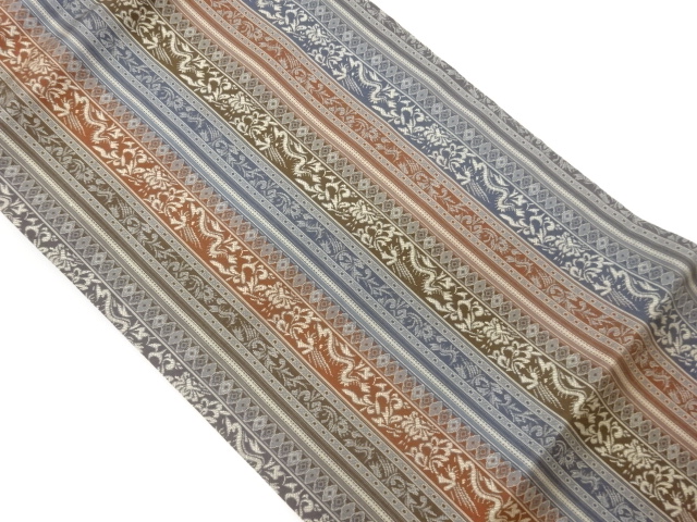 縞に草花模様織出し名古屋帯